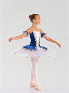 Costumes de danse de ballet en tulle blanc avec appliques dorées en velours bleu royal, nouveaux modèles Anna Shi - Product Image 5
