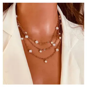 Collar de cuentas de perlas de imitación multicapa chapado en oro de moda 2024, collares de perlas de 3 hebras para mujer
