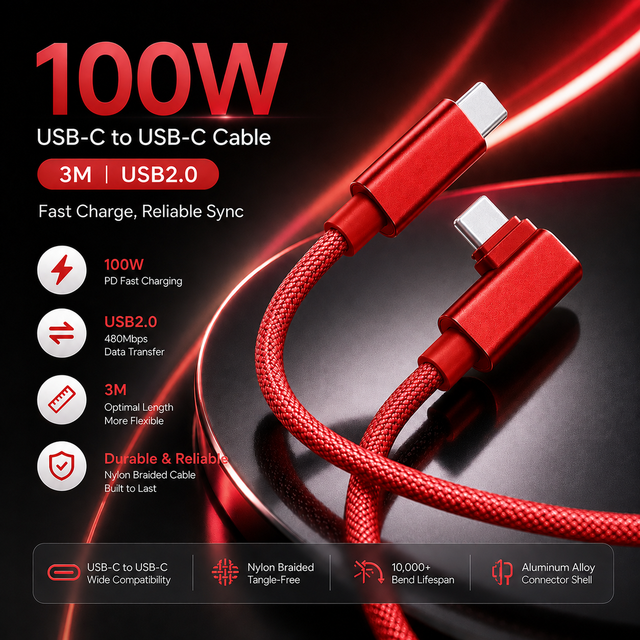 High Quality 3M USB C to USB C Cable USB 2.0 Data Transfer 100W 3A Fast Charge Nylon Braided Red Cable OEM ODM Wholesale Factory
