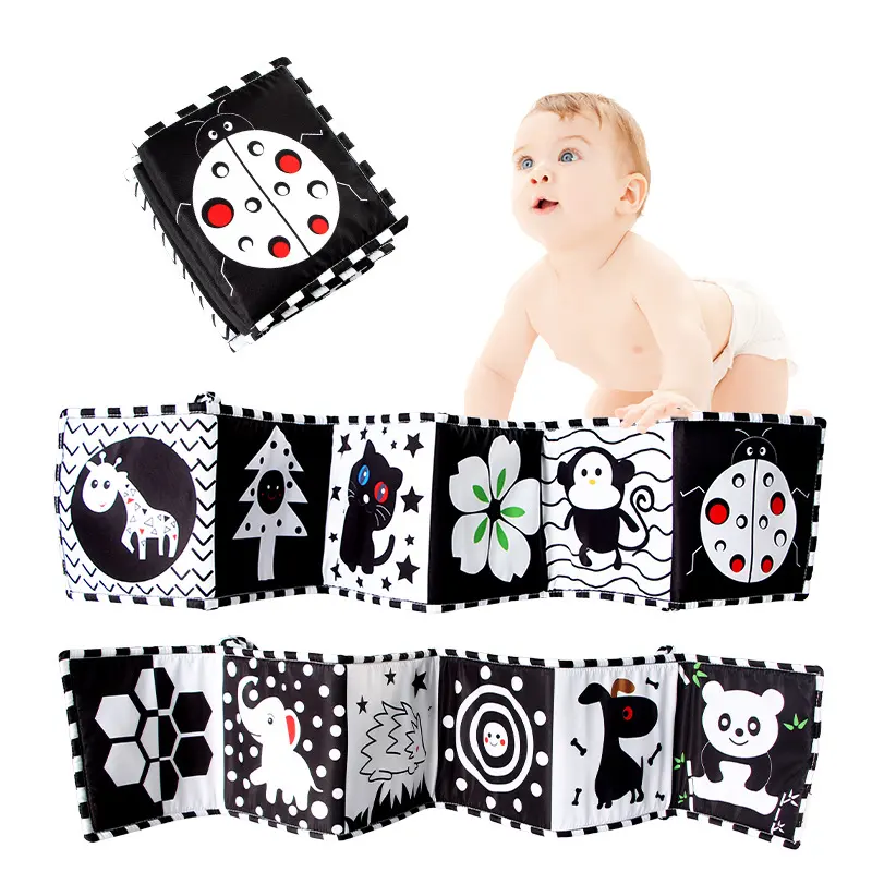 Livres pliants froissés au toucher, jouets de lit visuel pour bébé, contraste froissé, noir et blanc, tissu doux