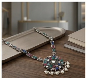 Women's Multi-Color Stone and Pearl <b>Circular</b> Medallion Oxydized Necklace Traditional Ethnic Statement Jewelry Fashion - Product Image 2