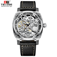 Montre mécanique vintage à mouvement automatique ajouré, bracelet en cuir, pour homme