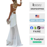 Nouvelle Robe Midi d'Été à Épaules Dénudées et Dos Nu, Coupe Droite, Respirante, Sexy, avec Empiècements en Maille Unie, Jupe Sirène, Style Décontracté pour Soirée