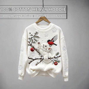 Pull tricoté blanc brodé pour femme, motif chat et oiseau de Noël, col rond, manches longues, pull d'hiver - Product Image 2
