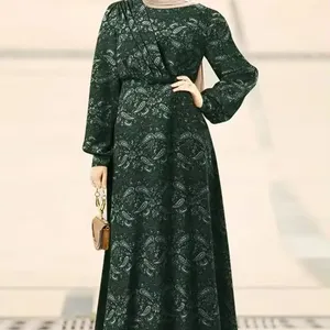 M2309 Wholesale supplier middle east arab dubai islamic clothing waist tucked back zipper print dress women muslim abaya