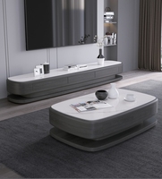 Ensemble table basse et meuble TV ovales en dalles de pierre de style italien moderne avec tiroirs de rangement pour salons – En stock