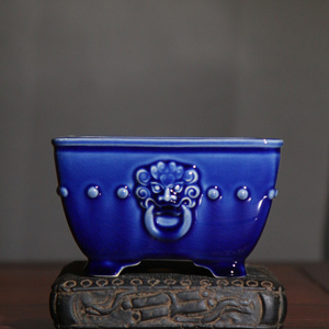 <b>Square</b> Ceramic Lion Face Bonsai Pot Blue Glaze Drum Shape <b>Planters</b> For Indoor Outdoor Use - Product Image 3