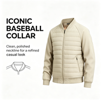 Blouson Bomber Homme en Polyester Beige Clair Matelassé Style Hybride Manches Lisses Poches Zippées Bordure Côtelée Manteau Décontracté d'Extérieur