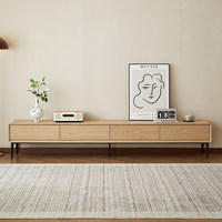 Meuble TV et table basse en bois massif, design moderne, simple et élégant, couleur bois naturel, style minimaliste, pieds hauts