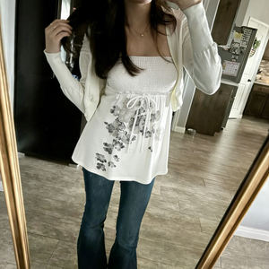 Top Corset Vintage Y2K, Transpirable, Tejido, Floral, con Hombros Descubiertos, Espalda Fruncida y Lazos Delanteros - Product Image 3