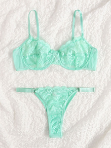 Summer New Mint Green Lace Underwear Set Sexy Low Waist Steel Ring Two-Piece Women - Product Image 6