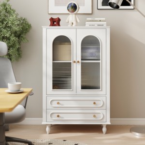 Vetrina in Vetro da 46,5 Pollici con Porte in Vetro Scanalato, 2 Cassetti, Ripiano Regolabile, Mobile da Soggiorno Autoportante - Product Image 2