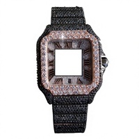 Montre de luxe carrée en acier inoxydable avec lunette en moissanite noire, chiffres romains, mouvement analogique, design unisexe tendance