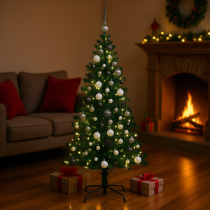 Sapin de Noël artificiel vert pré-éclairé de 70,9 pouces avec lumières LED blanc chaud, base sur pied pour intérieur et décorations - Product Image 3