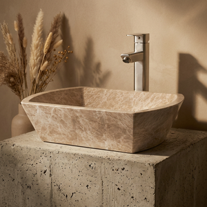 Lavabo mural rectangulaire moderne en marbre beige, poli, résistant au feu, avec égouttoir, capacité 12L - Product Image 1