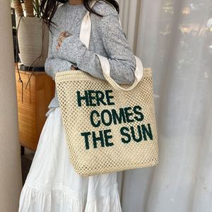 Sac fourre-tout tressé grande capacité HERE COMES SUN, en coton et polyester, idéal pour la plage, l'hiver, le printemps et l'été - Product Image 2