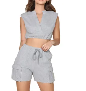 2021 Summer Wholesale Clothing Crop Top 2 Piece Shorts Pants Set Joggers Sets Outfits 2 Piece Sweatsuit Sweat Short Set Women