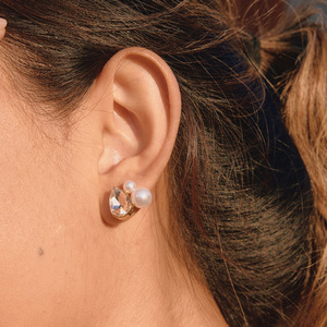 Boucles d'oreilles pendantes en forme de goutte d'eau, perle et strass, plaqué or, acier inoxydable, sertissage clos, bijoux fantaisie, cadeau - Product Image 3