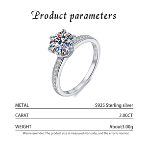 Anillo de Plata de Ley S925 con Seis Garras y Moissanita Redonda de 2CT, Anillo de Compromiso Sencillo y Moderno para Pareja, Venta al por Mayor de Fábrica - Product Image 3