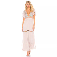 Bohème multicolore broderie florale pure ajustée style européen à manches courtes vert Sexy col en v grande taille robe
