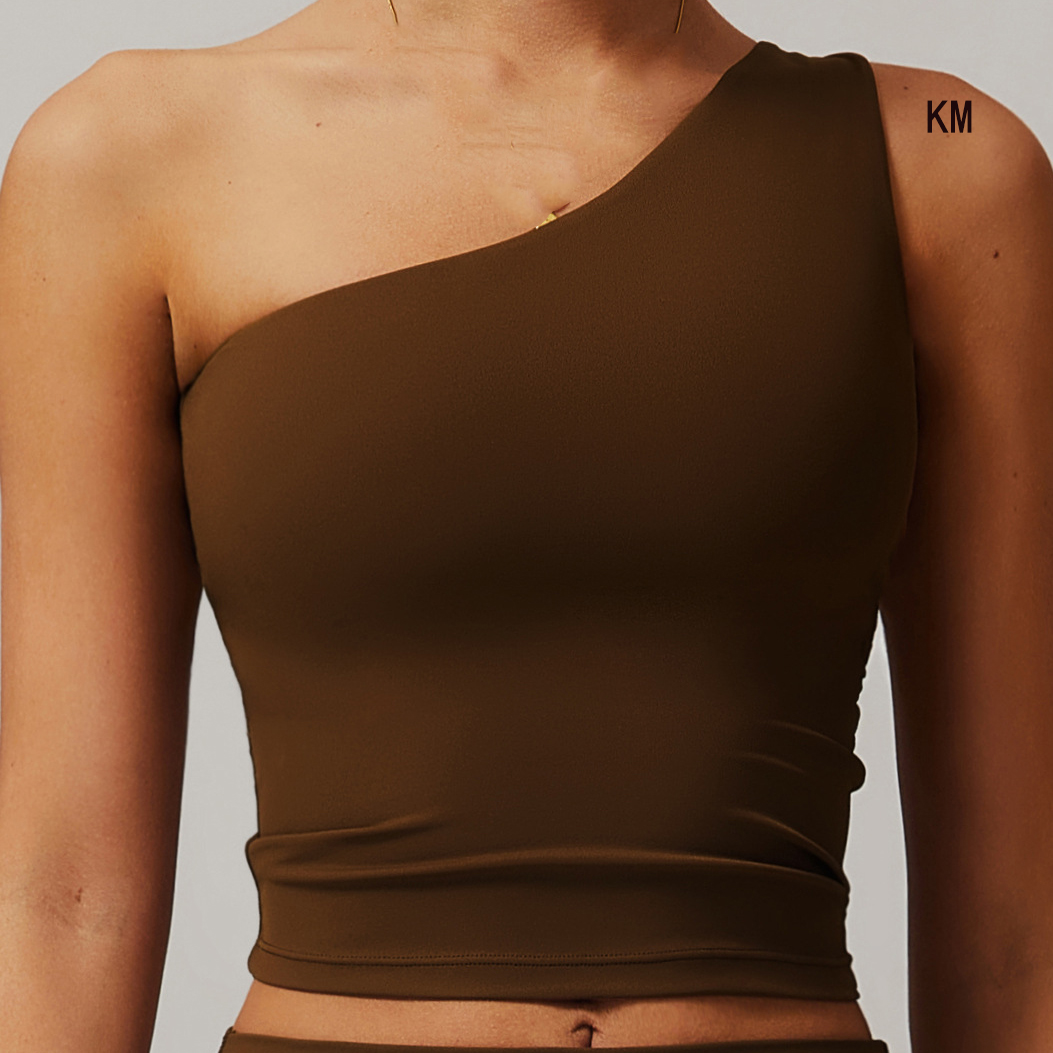 KM Wholesale Women's Gym Activewear Solid Color Removable Pad Tops Custom One Shoulder Sleeveless Tank Yoga Workout Top New