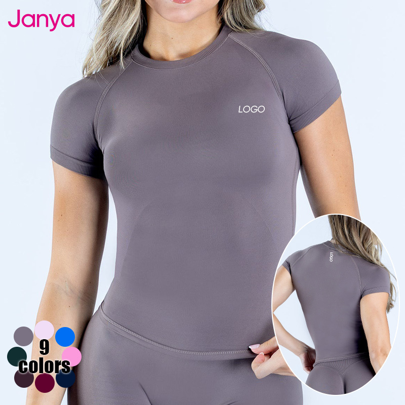 Janya Hot Selling Breathable High Elastic Solid Workout Short Sleeve Slim Fit Flexile Tops Seamless Fitness Yoga Shirt for Women