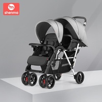 Godma Poussette Double Légère Portable Chariot en Alliage de Lin Sièges Avant Arrière Pliable Nouveau-nés Assis Allongé Deux Pneus Grand