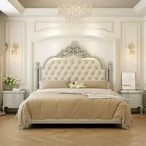 Französisch Licht Luxus Massivholz Kirsch holz Doppelbett Creme Stil Prinzessin Bett Echtes Leder Palace geschnitzt Kingsize-Bett