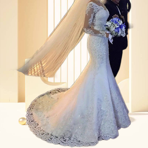 Robes de mariée de luxe en dentelle blanche à sequins, col en V, manches longues, style sirène, coupe brésilienne - Product Image 4