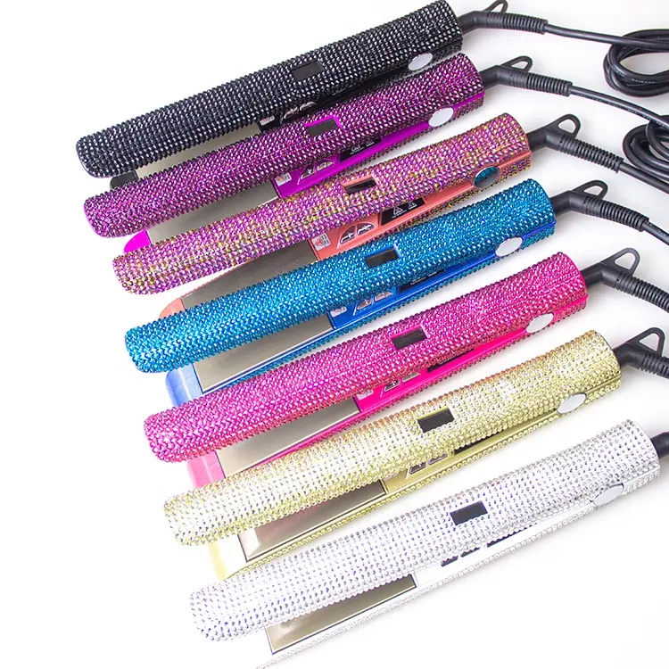 Planchas de revestimiento de titanio Plancha de pelo personalizada con diamantes De Cabello Diamond Nano Professional Flat Iron LCD