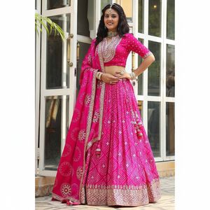 LEHENGA CHOLI de MUSLINA ELEGANTE con BORDADO y ESTAMPADO DIGITAL con DUPATTA RANI - Product Image 1