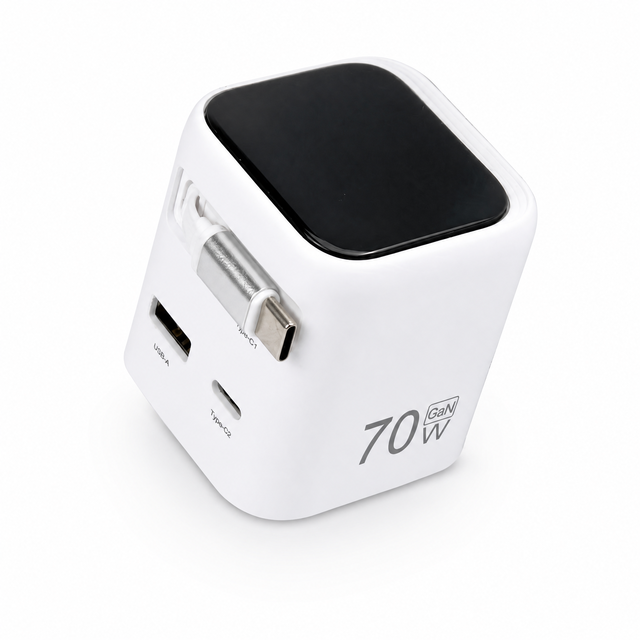 US AC Plug USB-C PD 70W Fast Charging Adapter with Retractable Cable for 17 Laptop & Phone OTP/OVP/OCP Protection