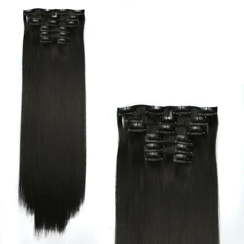 Wholesale Cheap Long Straight Russian Black Clip in Natural Soft Synthetic Hair Extensions