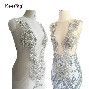 High end Handmade Keering stock gold glass panel crystal stone bodices applique beading for dress WDP-148