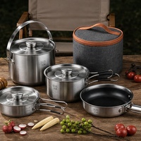 Set Peralatan Masak Lipat 4 Bagian Bahan Stainless Steel Ringan untuk Luar Ruangan, Kapasitas 4L, Kompatibel dengan Kompor Gas, Wajan untuk Memasak saat Berkemah