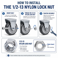 Écrou de blocage à insert en nylon UNC 1/2-13, en acier au carbone zingué, pour roue pivotante, remplacement de quincaillerie industrielle