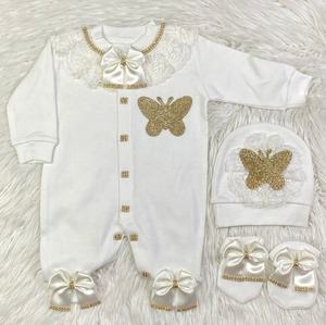 Conjunto de Mameluco para Bebé Niña de Alta Calidad al por Mayor, 100% Algodón, Tejido de Punto, Manga Larga, Cierre de Botones, Aplique de Mariposa Personalizado - Product Image 1
