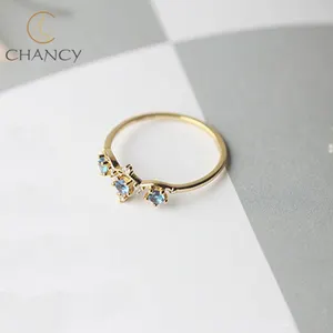 厂家直销复古蓝色锆石戒指女士高品质时尚14k金环保黄铜戒指
