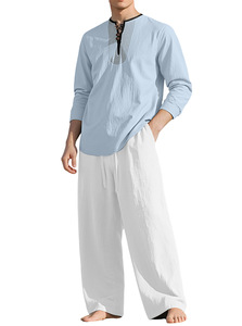 ชุดเสื้อโปโลสองชิ้นผ้าลินินสีบล็อกสีสำหรับผู้ชายชุดเสื้อผ้ามุสลิมแบบดั้งเดิมสไตล์ชายหาด - Product Image 6