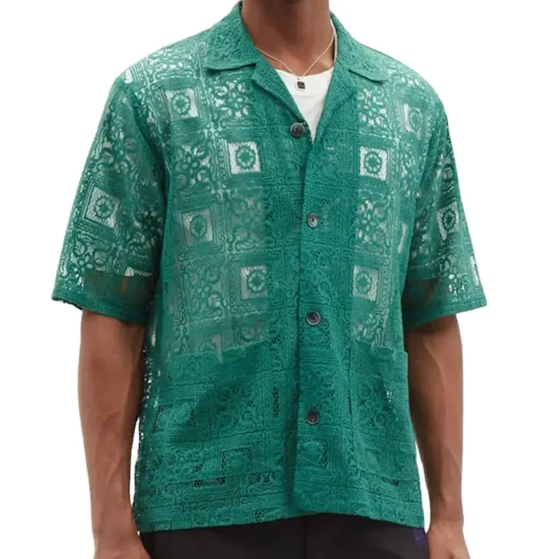 Düğmeleri gömlek yeni moda eğlence gömlek OEM Custom Made yüksek kaliteli küba yaka dantel erkekler yaz kısa kollu rahat