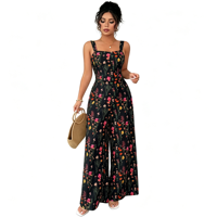 Combinaison sans manches à bretelles spaghetti imprimée et taille smockée, coupe large, pour femme, idéale pour les vacances, la plage et les tenues décontractées – Vente en gros personnalisée