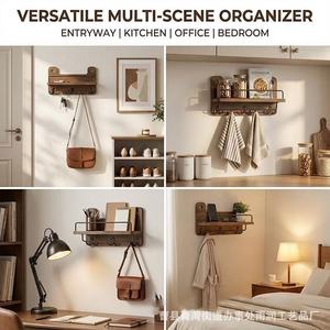 Wooden <b>Wall</b> Mounted Storage Rack With <b>Key</b> <b>Hooks</b> <b>For</b> Home Living Room Bedroom Coat And Bag Organizer - Product Image 4