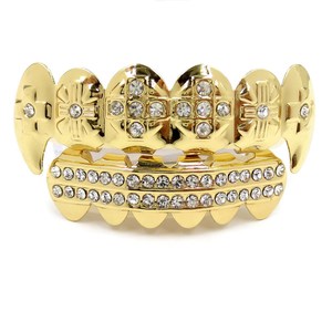 Grilles dentaires Hip Hop pour dents supérieures et inférieures, style « Iced Out » à taille brillante, unisexe, plaqué or jaune 14 carats, bijoux corporels - Product Image 1