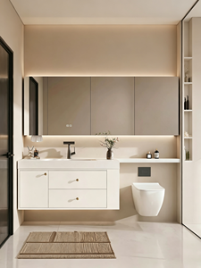 Meuble-lavabo de salle de bain personnalisé, étanche, style crème, avec vasque intégrée en pierre frittée thermoformée, lavabo de salle de bain - Product Image 1
