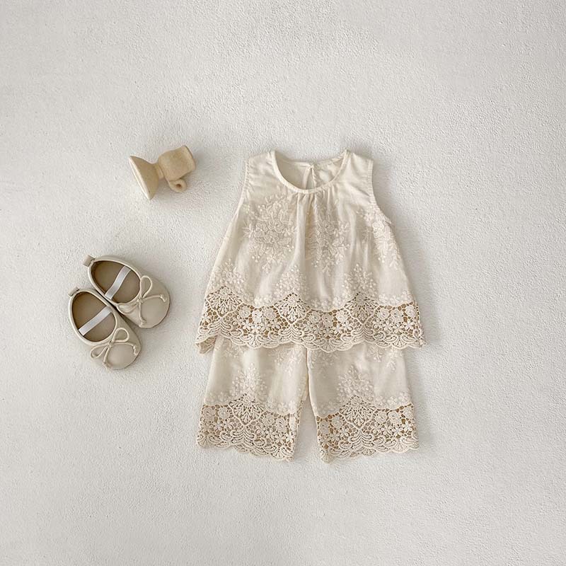2025 Summer New Vest Dress Girls Casual Style Two-Piece Set Little Girl Clothes Lace Embroidery Solid Pattern Korean Inspired