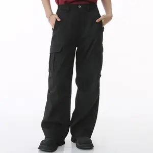 Moda stil erkek gevşek düz geniş bacak Hip-hop cep siyah kargo erkek pantolon