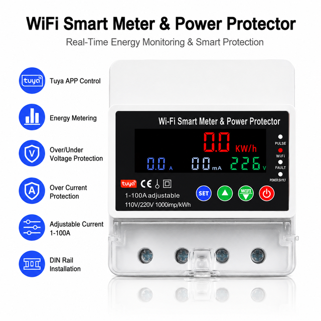 Smart Miniature Circuit Breaker 100A, AC80-300V Single Phase MCB with Tuya APP Control, Monitoring, Leakage & Voltage Protection