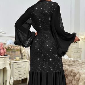 Nuevo Camisón de Moda con Cuello en V y Manga Larga, Sexy, de Alta Calidad, Color Sólido con Brillo, Bata para Mujer - Product Image 3