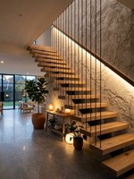 Escalier flottant en bois de style américain classique avec monte-escaliers blancs contrastants pour escaliers en bois de manoir traditionnel