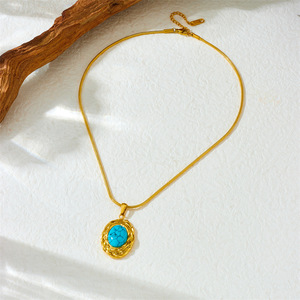 European American Retro Oval Blue Turquoise Geometric Pendant Snake Chain Stainless Steel Gold Plated Necklace Gift - Product Image 3